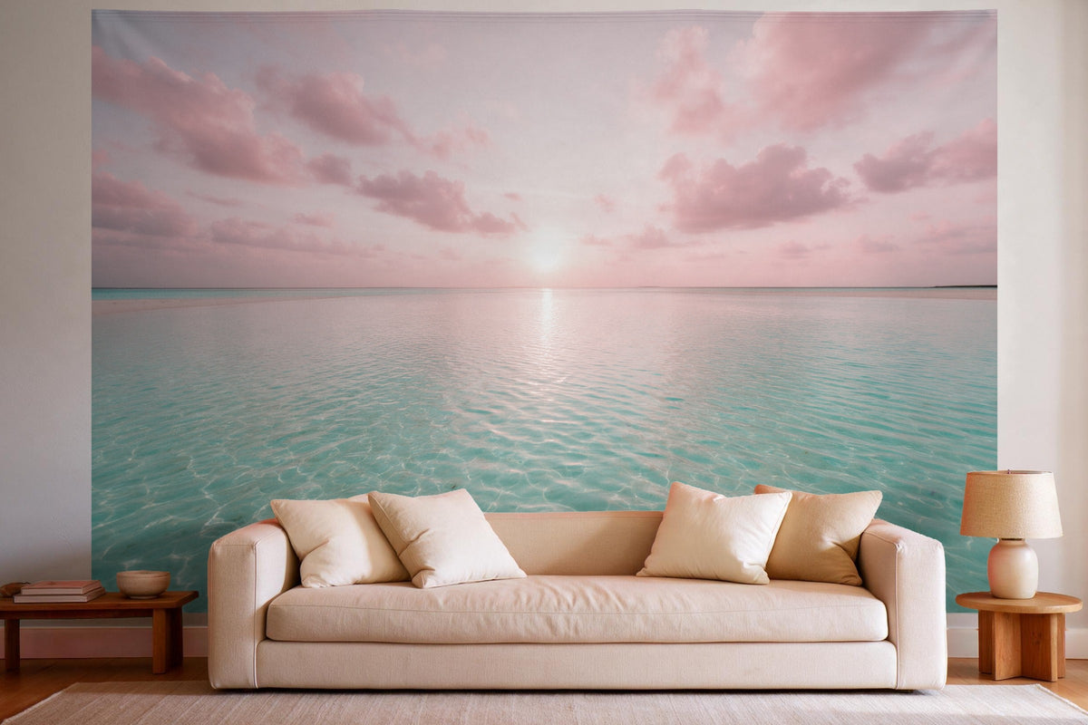 Tapiz de pared XXL Playa rosa como decoración en un salón luminoso sobre el sofá