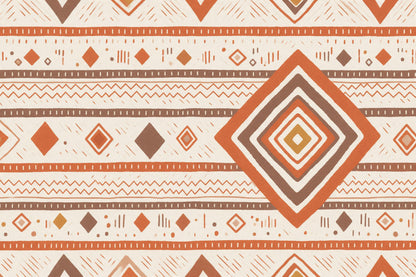 Berber pattern with a large diamond on the right, zigzag lines and stripes, tapestry printed on fabric – orange and brown