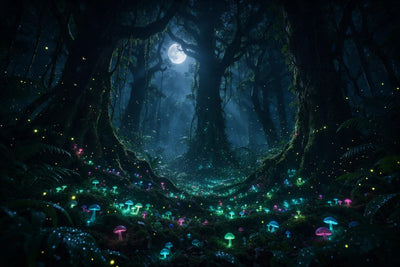 Bosque nocturno con hongos luminosos, luciérnagas y luna llena en la selva, tapiz impreso en tela – turquesa y magenta