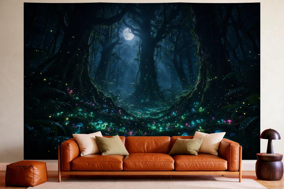 XXL wall tapestry Bioluminescent Night Forest as wall decor in a cosy living room above the leather sofa
