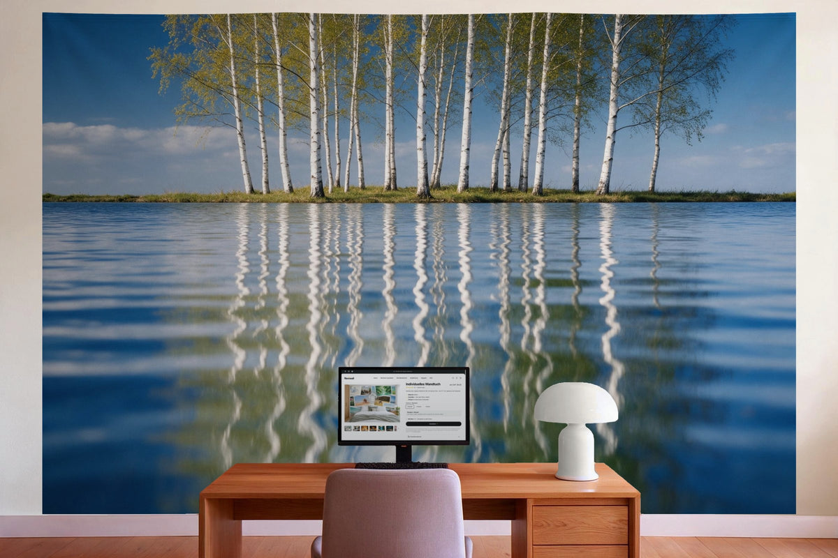 Wall decor in a home office behind the desk: printed fabric tapestry Birches Reflected in the Water