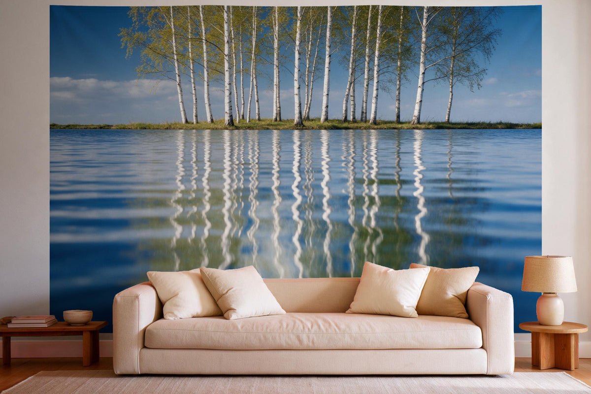 XXL wall tapestry Birches Reflected in the Water as wall decor in a bright living room above the sofa