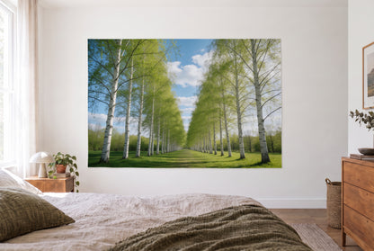 Wandtuch Birkenwald im Frühling im hellen Schlafzimmer gegenüber dem Bett, rechts eine Holzkommode – Grün und Blau