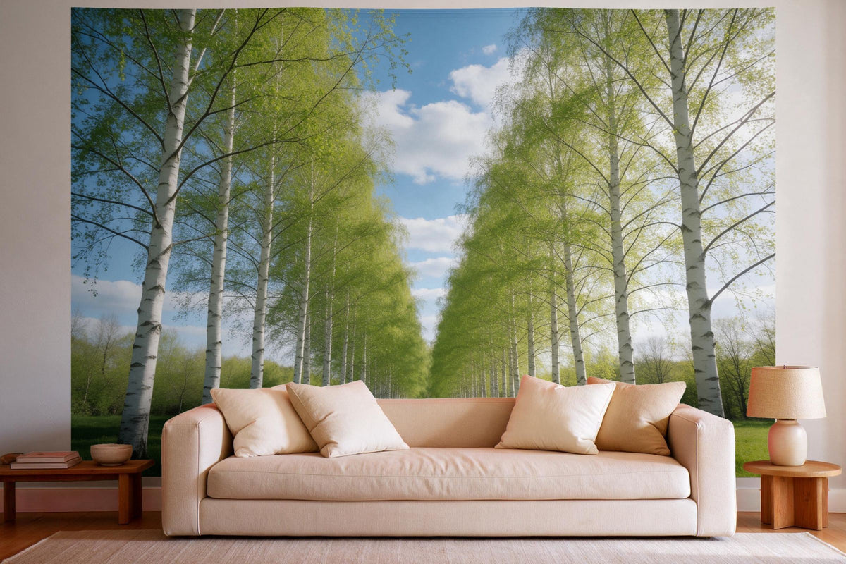 Wandtuch XXL Birkenwald im Frühling als Wanddeko im hellen Wohnzimmer über dem Sofa