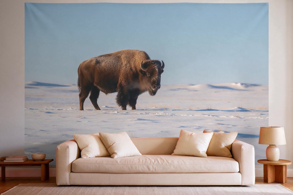 Tapiz de pared XXL Bisonte en una mañana de invierno como decoración en un salón luminoso sobre el sofá