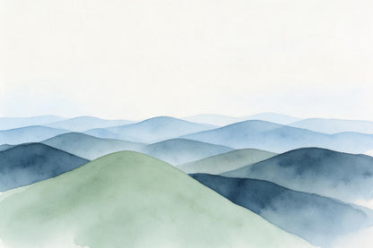 Blue watercolor hill ranges behind a sage green hill on the left, tapestry printed on fabric – blue and green