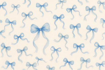 Blaue Schleifen als Aquarellmuster auf Creme, eine grössere links, als Wandtuch, auf Stoff gedruckt – Blau und Beige