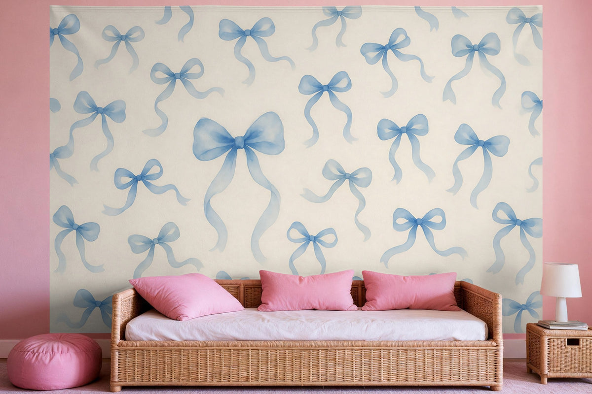 XXL wall tapestry Blue Bows on Cream as wall decor in a girls' bedroom