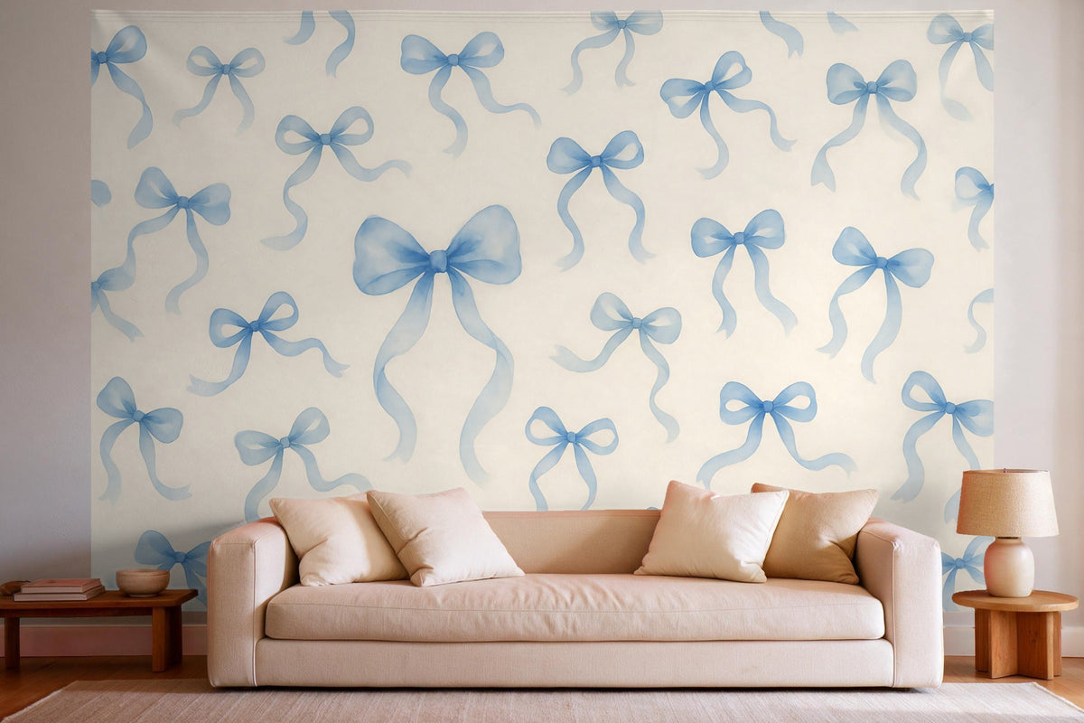 Wall decor in a bright living room above the sofa: printed fabric tapestry Blue Bows on Cream