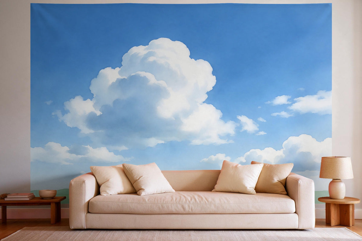 Tapiz de pared XXL Cielo azul con nubes en acuarela como decoración en un salón luminoso sobre el sofá