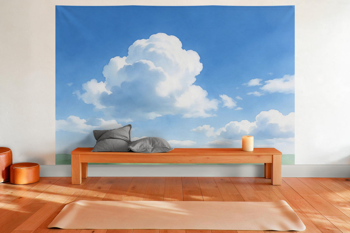 Decoración de pared en una sala de yoga: tapiz de tela Cielo azul con nubes en acuarela