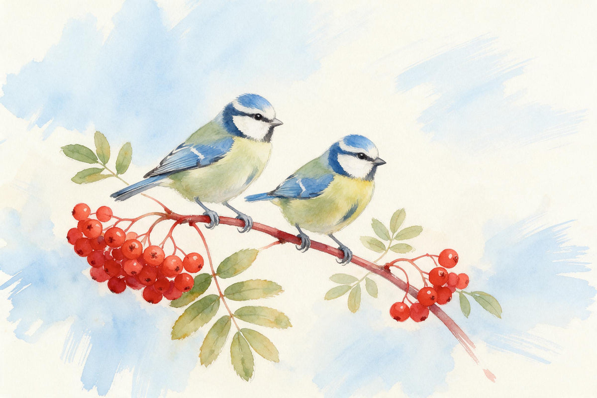 Zwei Blaumeisen auf einem Zweig mit roten Vogelbeeren und grünen Blättern, als Wandtuch, auf Stoff gedruckt – Blau und Rot