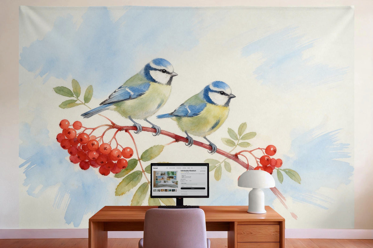 Wanddeko im Büro hinter dem Schreibtisch: Wandtuch Blaumeisen auf dem Vogelbeerzweig, auf Stoff gedruckt