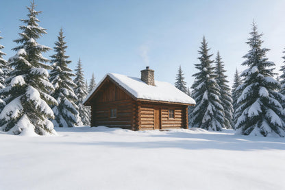 Snow-covered log cabin with a stone chimney between tall fir trees, as a tapestry printed on fabric – white and green