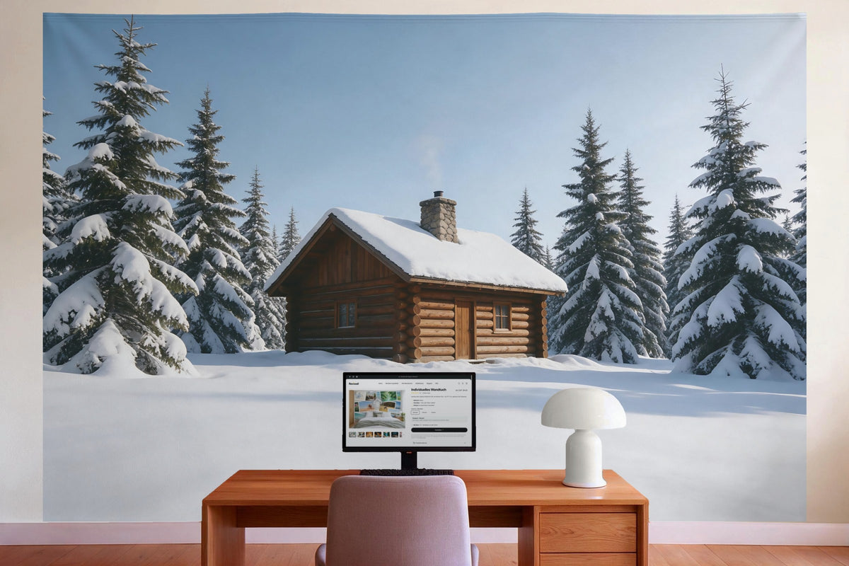 Wanddeko im Büro hinter dem Schreibtisch: Wandtuch Blockhütte im Schnee, auf Stoff gedruckt
