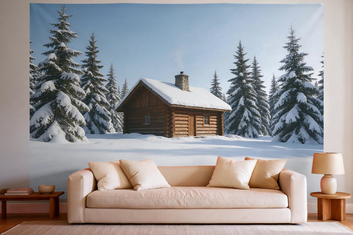 Wandtuch XXL Blockhütte im Schnee als Wanddeko im hellen Wohnzimmer über dem Sofa