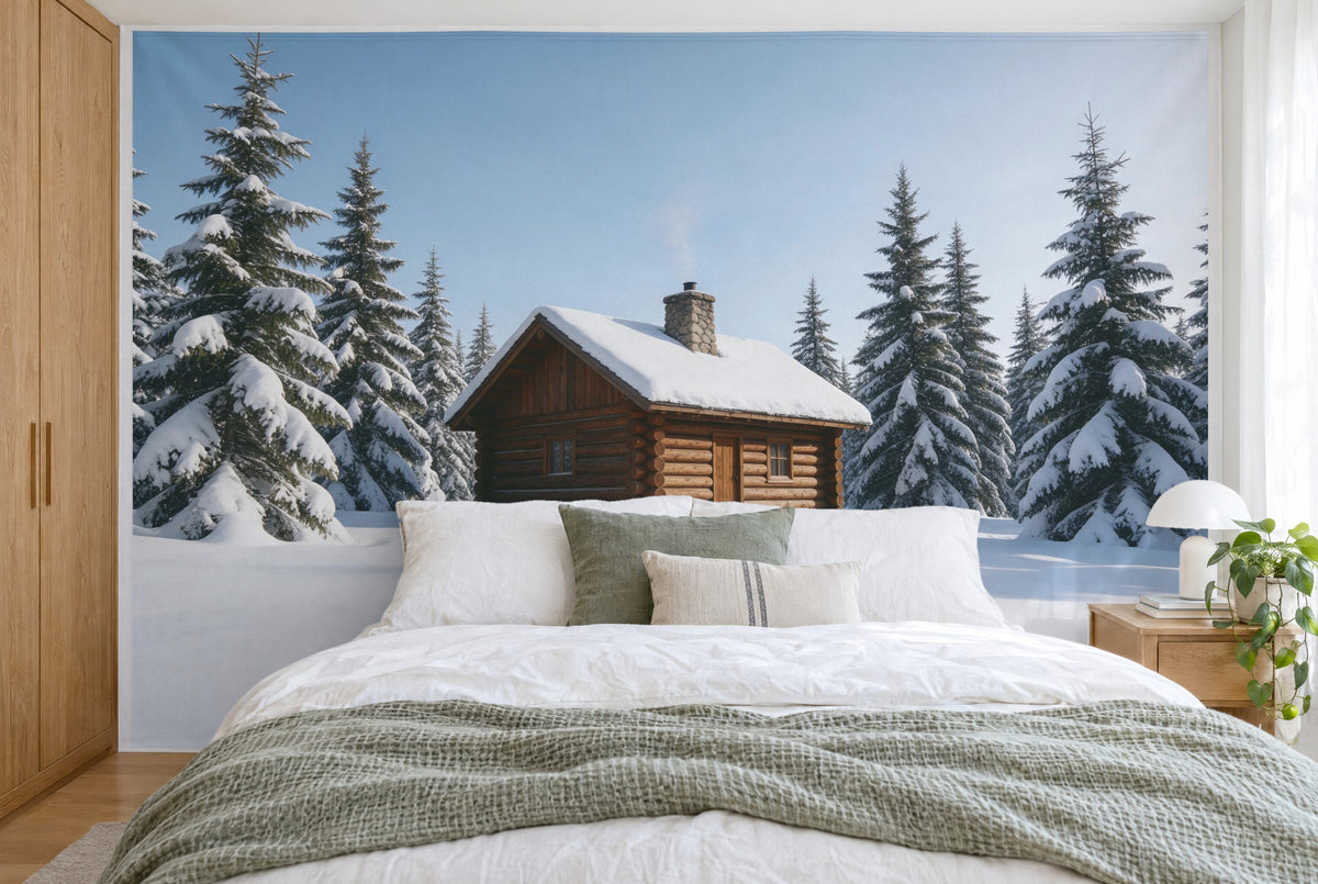 XXL printed fabric: log cabin with a stone chimney in the centre between fir trees, filling the wall behind the bed