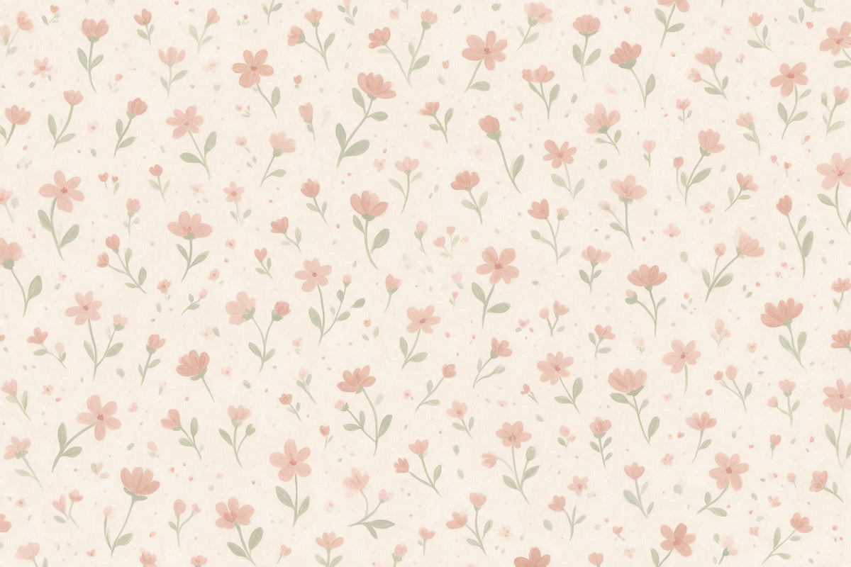 Kleine gestreute Wildblumen und Knospen in Altrosa und Salbei auf Creme, als Wandtuch, auf Stoff gedruckt – Rosa und Grün