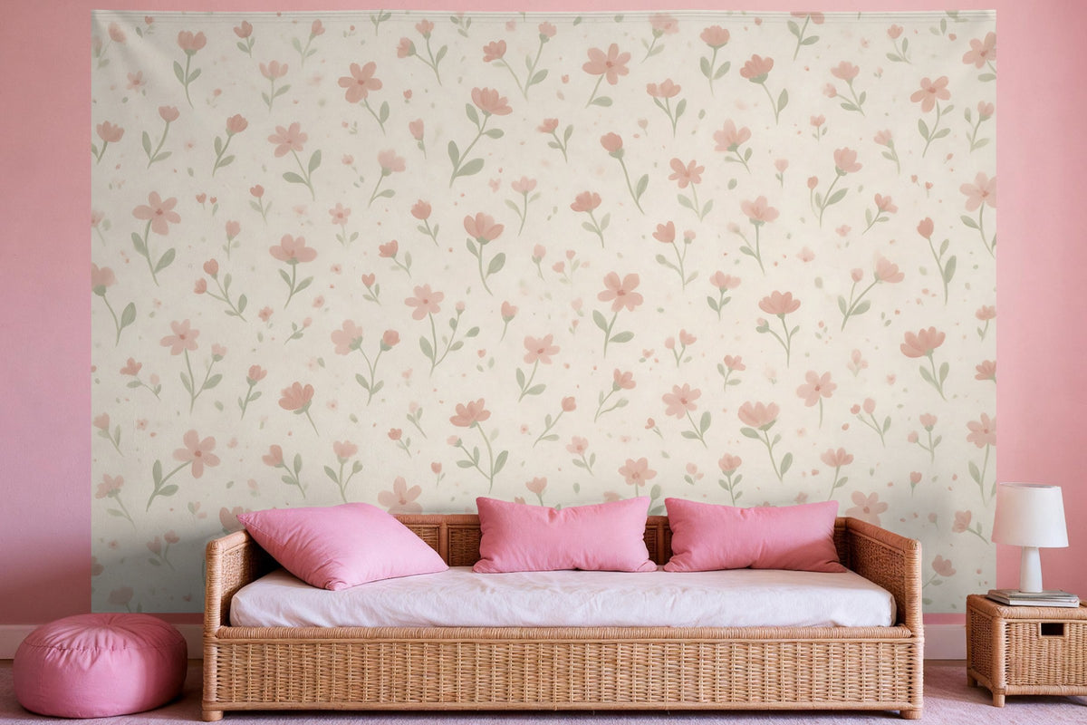 Tenture murale XXL Motif floral semé en vieux rose en déco murale dans une chambre de fille