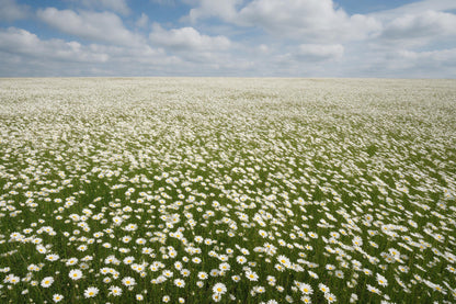 Blumenfeld mit weissen Margeriten unter Cumuluswolken, als Wandtuch, auf Stoff gedruckt – Weiss und Blau