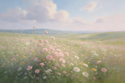 Weites Blumenfeld mit bunten Wiesenblumen unter Sommerwolken, als Wandtuch, auf Stoff gedruckt – Rosa und Grün
