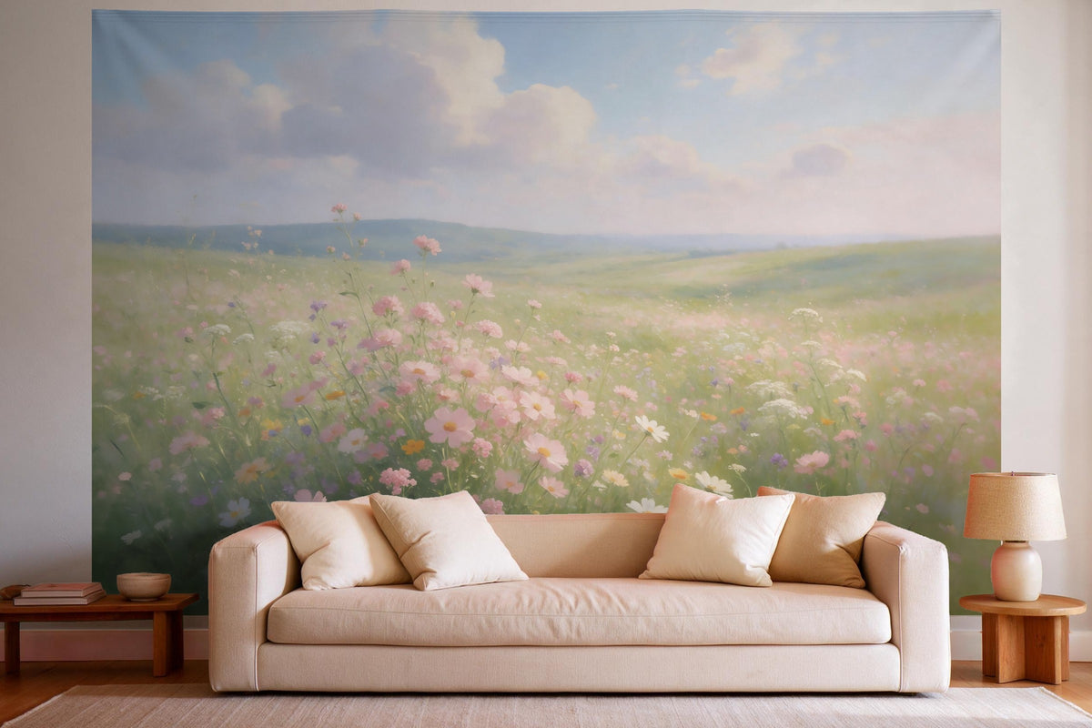 XXL wall tapestry Flower Field under Summer Clouds as wall decor in a bright living room above the sofa