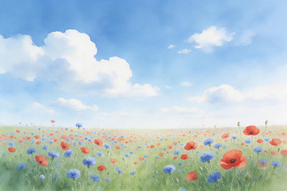 Blumenfeld mit Mohn und Kornblumen unter blauem Wolkenhimmel, als Wandtuch, auf Stoff gedruckt – Blau und Rot