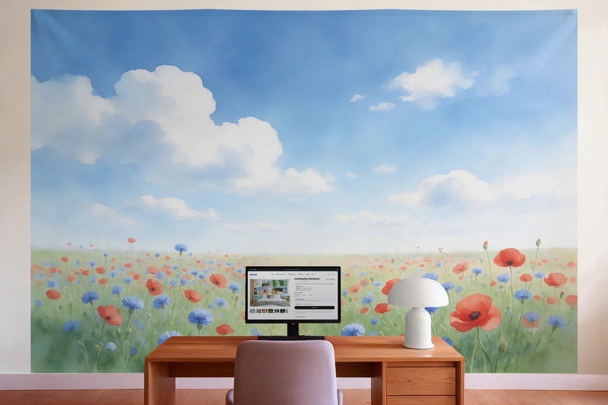 Wall decor in a home office behind the desk: printed fabric tapestry Flower Field under a Blue Cloudy Sky