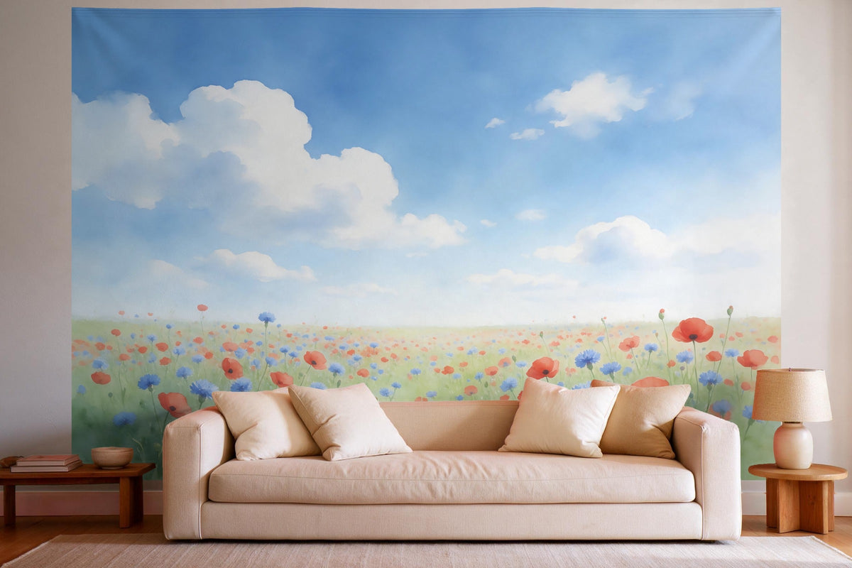 XXL wall tapestry Flower Field under a Blue Cloudy Sky as wall decor in a bright living room above the sofa