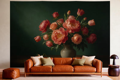 Wandtuch XXL Blumenstrauss-Stillleben in Öl als Wanddeko im gemütlichen Wohnzimmer über dem Ledersofa