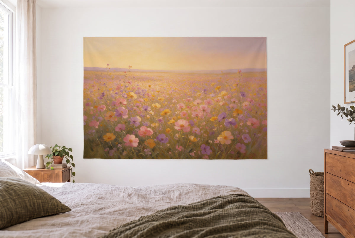 Flower meadow evening light tapestry in a bright bedroom opposite the bed, wooden dresser on the right – rose and yellow