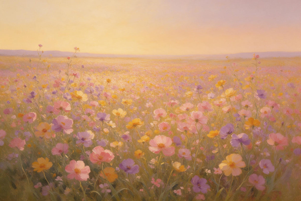 Flower meadow with rose, yellow and violet wildflowers in evening light, tapestry printed on fabric – rose and yellow
