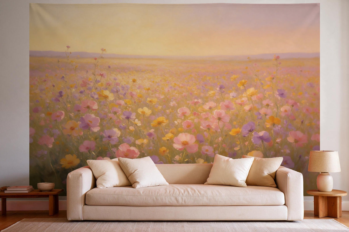 XXL wall tapestry Flower Meadow in Evening Light as wall decor in a bright living room above the sofa