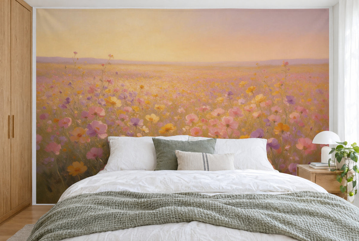 XXL printed fabric: dense wildflower heads in front, open horizon, filling the wall behind the bed