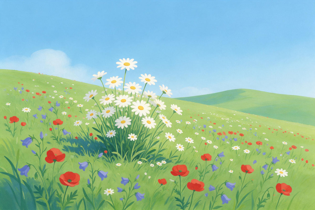 Blumenwiese mit hohen Margeriten, Mohn und Glockenblumen über Hügeln, als Wandtuch, auf Stoff gedruckt – Rot und Grün