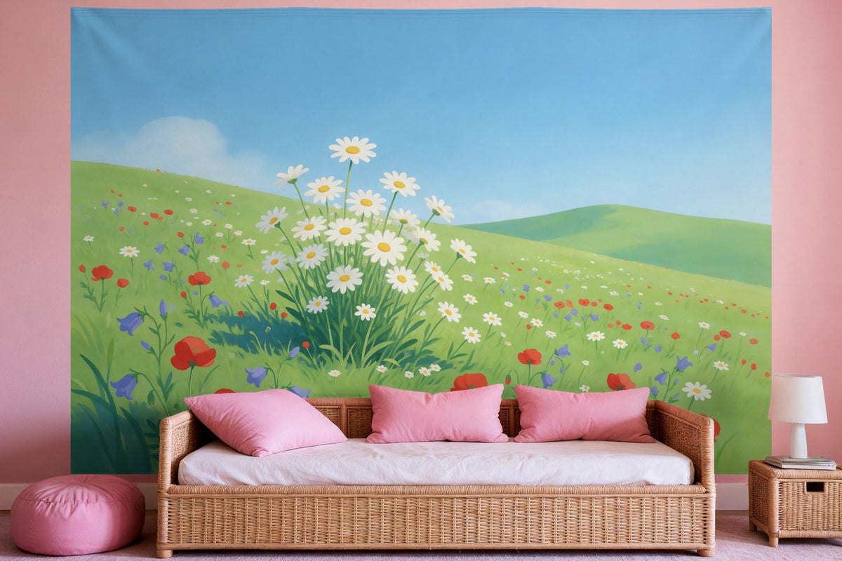 Tapiz de pared XXL Pradera de flores en gouache como decoración en un dormitorio de niña