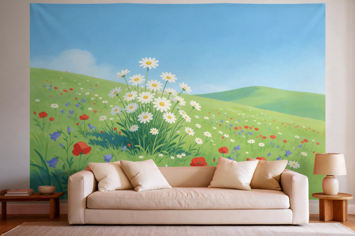 Decoración de pared en un salón luminoso sobre el sofá: tapiz de tela Pradera de flores en gouache