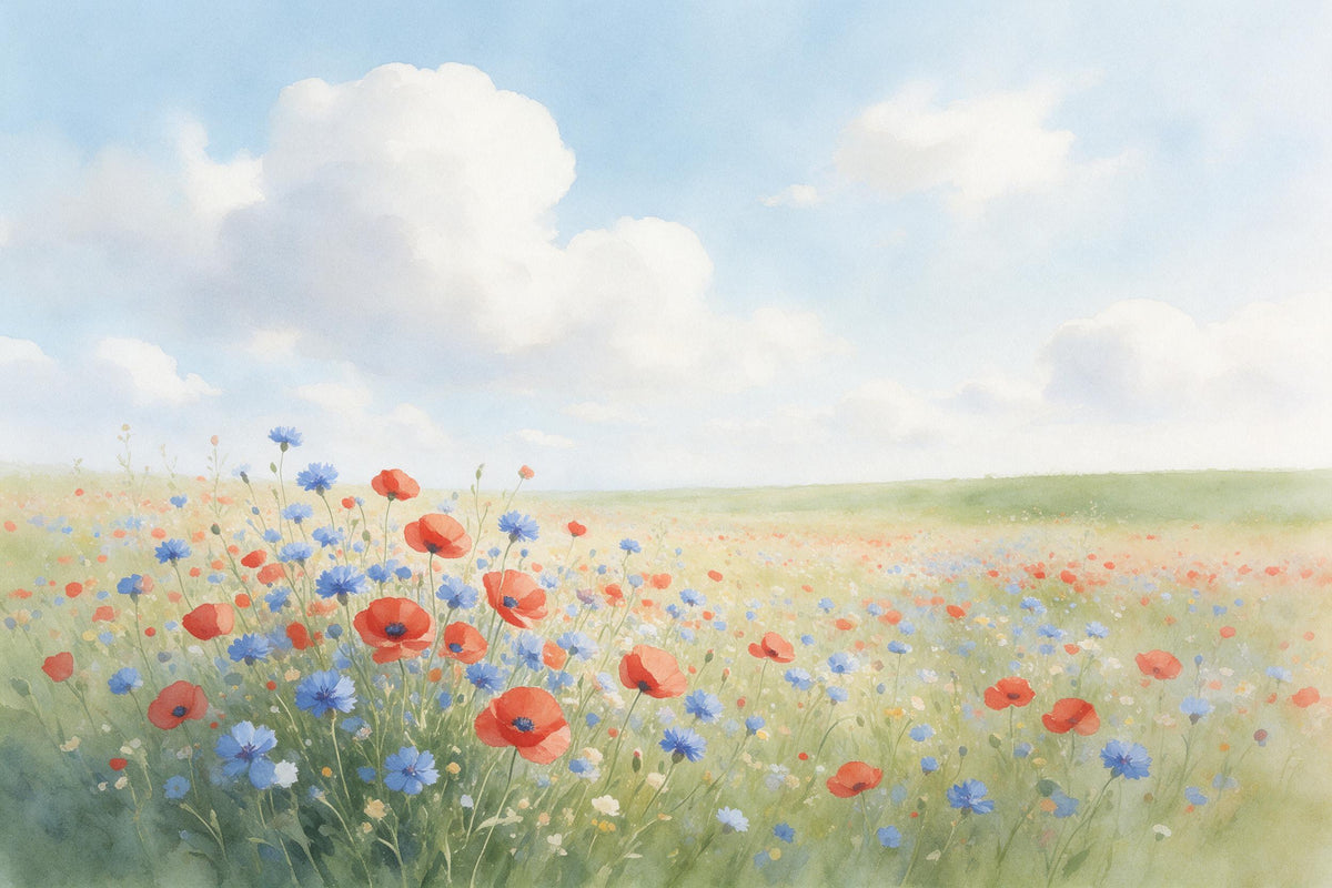 Blumenwiese mit Mohn und Kornblumen unter Cumuluswolken, als Wandtuch, auf Stoff gedruckt – Rot und Blau