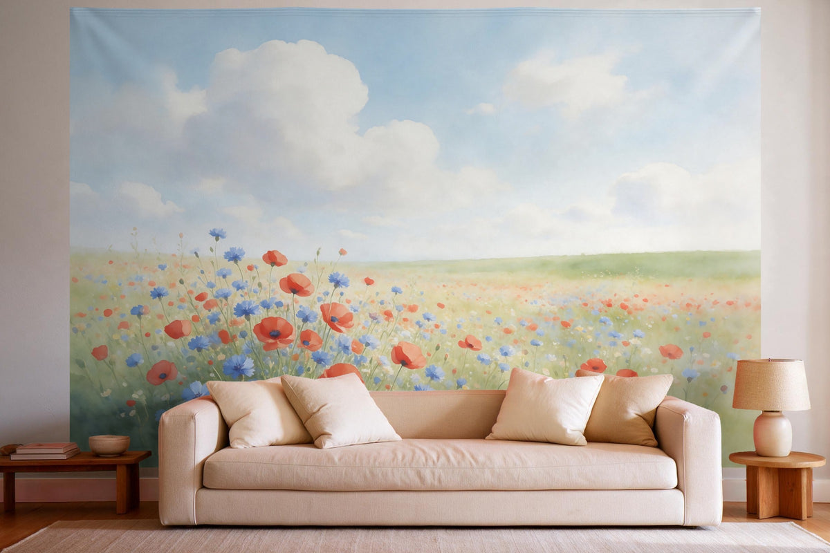 Tenture murale XXL Prairie fleurie aux coquelicots et centaurées en déco murale dans un salon lumineux au-dessus du canapé