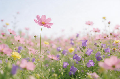 Hohe pinke Kosmee links der Mitte gestochen scharf über einer weichen Blumenwiese, als Wandtuch, auf Stoff gedruckt – Rosa