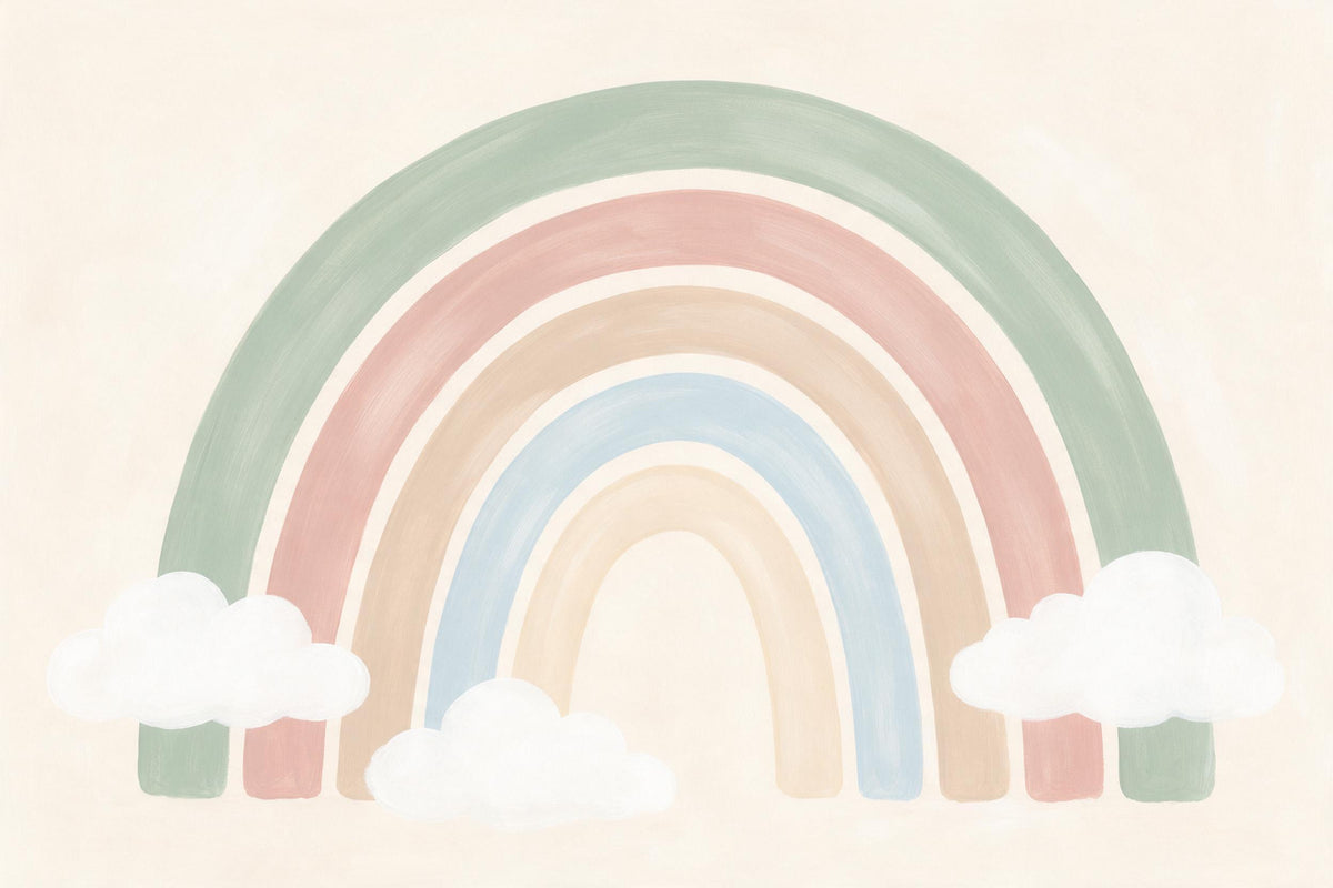 Arcoíris de cinco suaves arcos boho en salvia, rosa, arena y azul claro con tres nubes, tapiz impreso en tela