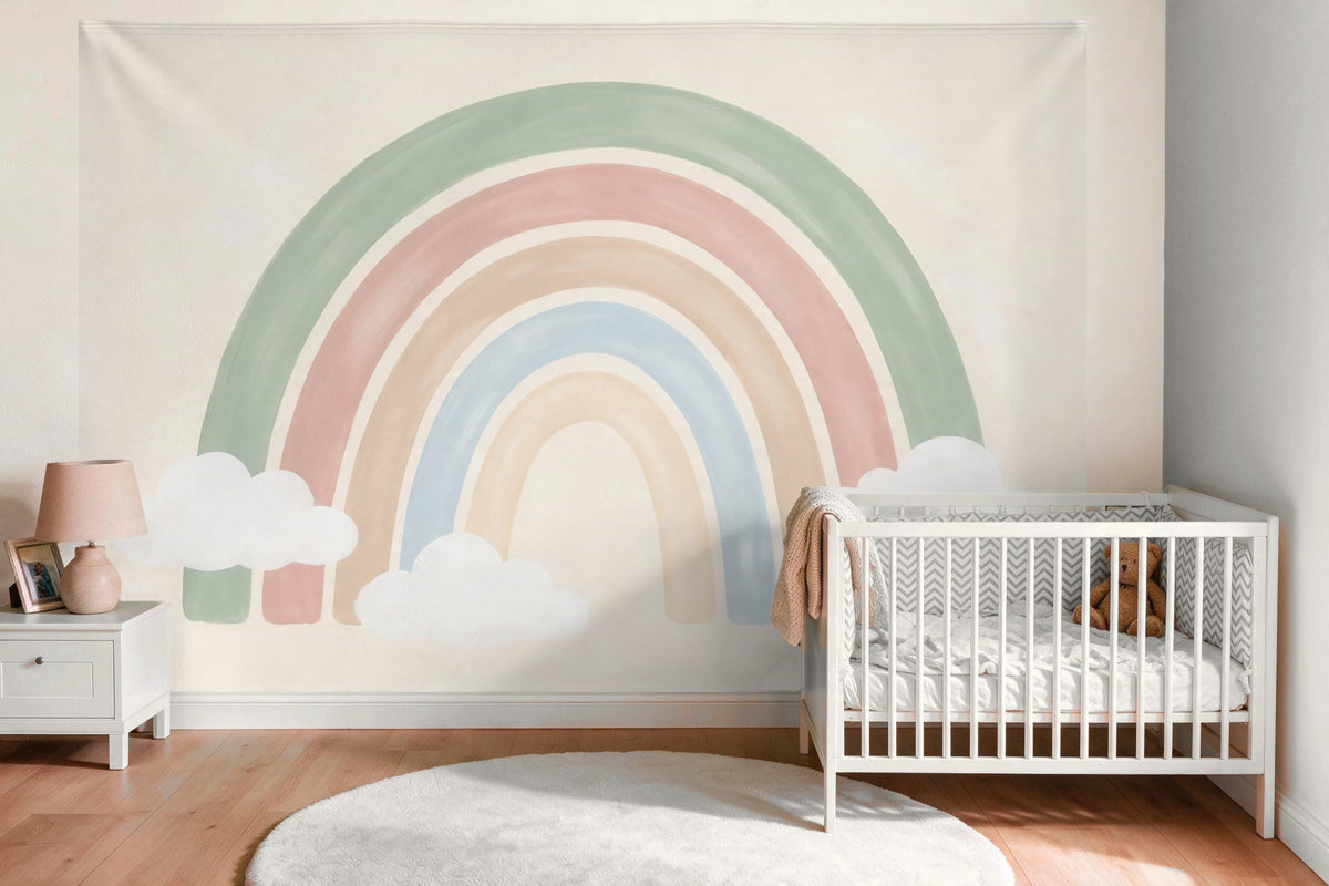 Tapiz de pared XXL Arcoíris boho con nubes como decoración en la habitación del bebé sobre la cuna
