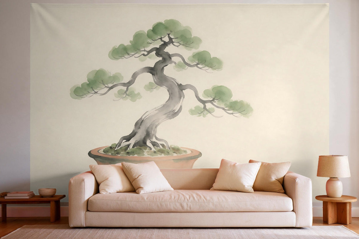 Wall decor in a bright living room above the sofa: printed fabric tapestry Bonsai Tree in a Bowl