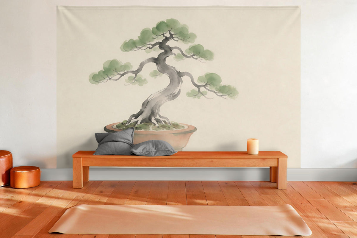 XXL wall tapestry Bonsai Tree in a Bowl as wall decor in a yoga room