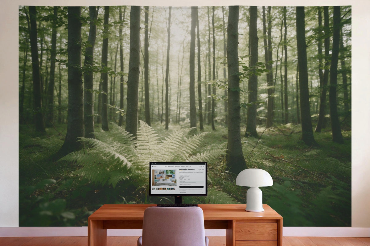 Wall decor in a home office behind the desk: printed fabric tapestry Beech Forest with Ferns