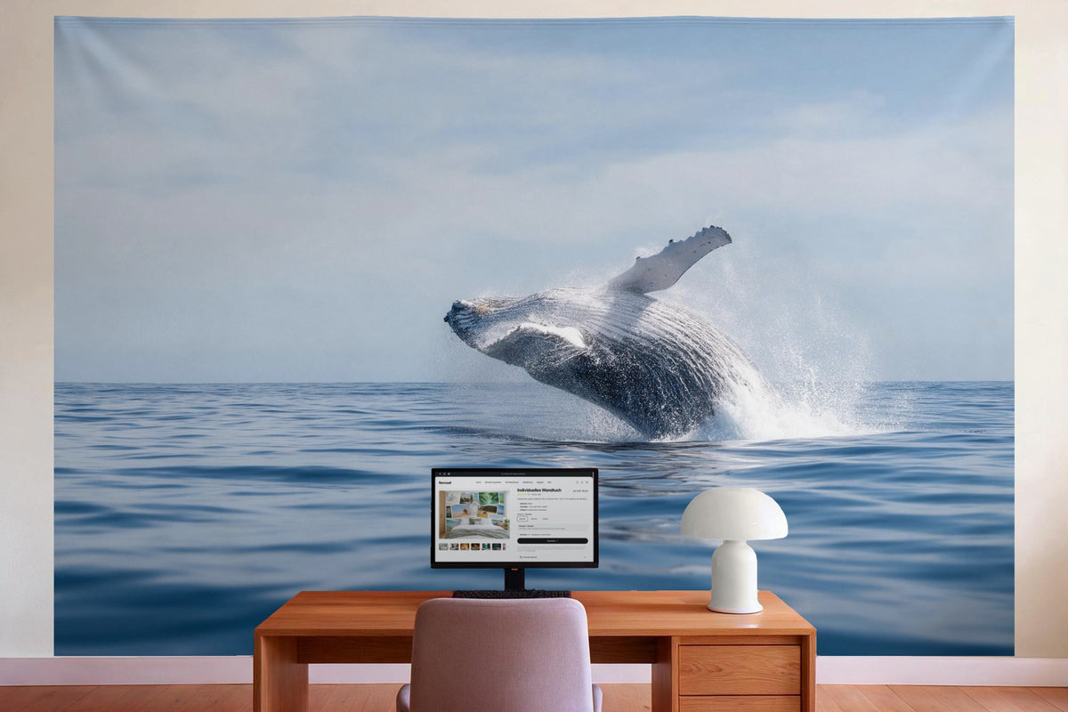 Wall decor in a home office behind the desk: printed fabric tapestry Humpback Whale Leaping from the Sea