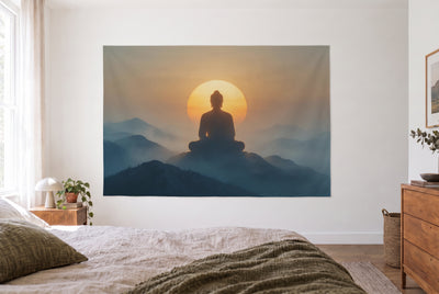 Buddha silhouette rising sun tapestry in a bright bedroom opposite the bed, wooden dresser on the right – orange