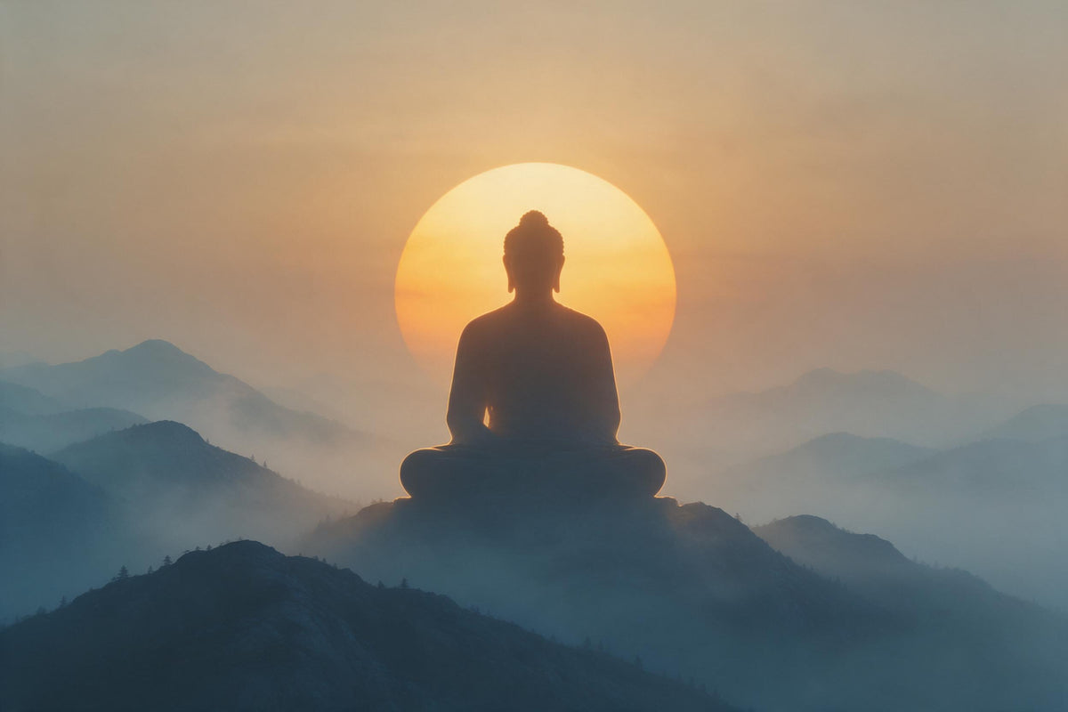 Buddha silhouette before a large rising sun above blue misty mountains, tapestry printed on fabric – golden orange