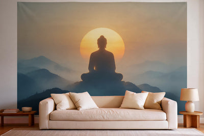 Wall decor in a bright living room above the sofa: printed fabric tapestry Buddha Silhouette in the Rising Sun