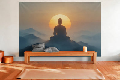 XXL wall tapestry Buddha Silhouette in the Rising Sun as wall decor in a yoga room
